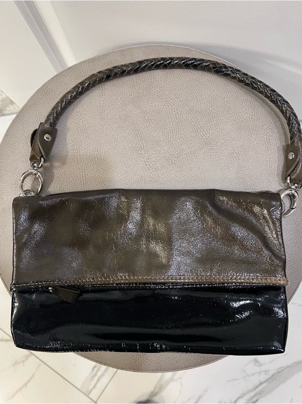 SAK Leather and Patent Two-Tone Foldover Shoulder Bag